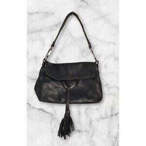 Alfani Black Leather Handbag Hobo Fringe Magnetic Close Silver Accent Rings